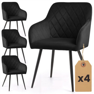 Lot De 4 Chaises En Velours Matelassées En Losanges Velto Noir Pieds Noirs