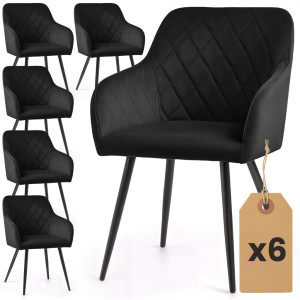 Lot De 6 Chaises En Velours Matelassées En Losanges Velto Noir Pieds Noirs
