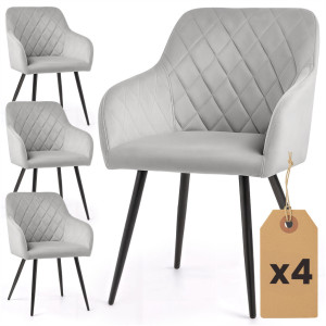 Lot De 4 Chaises En Velours Matelassées En Losanges Velto Gris Pieds Noirs