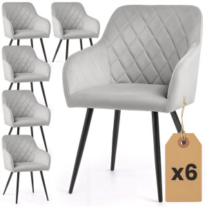 Lot De 6 Chaises En Velours Matelassées En Losanges Velto Gris Pieds Noirs