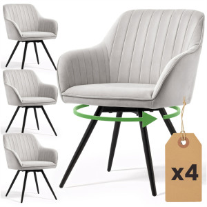 Lot De 4 Chaises Pivotantes En Velours À Surpiqûres Turno Gris Pieds Noirs