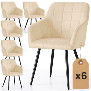 Lot De 6 Chaises Rembourrées À Surpiqûres Carrées Luxano Beige Pieds Noirs