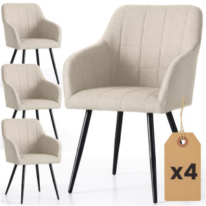 Lot De 4 Chaises Rembourrées À Surpiqûres Carrées Luxano Beige Pieds Noirs Tissu Lumos