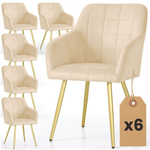 Lot De 6 Chaises Rembourrées À Surpiqûres Carrées Luxano Beige Pieds Dorés