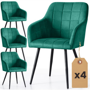 Lot De 4 Chaises Rembourrées À Surpiqûres Carrées Luxano Vert Bouteille Pieds Noirs