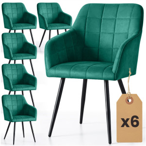 Lot De 6 Chaises Rembourrées À Surpiqûres Carrées Luxano Vert Bouteille Pieds Noirs