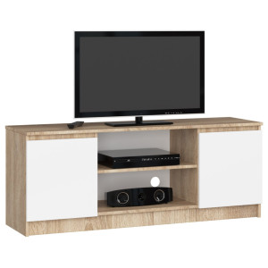 Meuble Tv Pour Salon Akord Chêne Sonoma 140 Cm 2 Portes Façade Blanche 2 Étagères 140X40X55 Cm