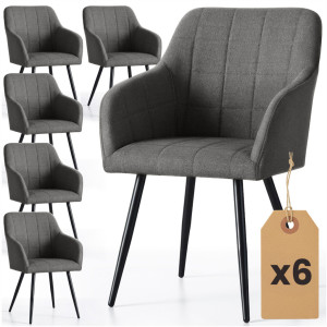 Lot De 6 Chaises Rembourrées À Surpiqûres Carrées Luxano Anthracite Pieds Noirs Tissu Lumos