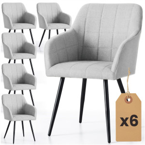 Lot De 6 Chaises Rembourrées À Surpiqûres Carrées Luxano Gris Clair Pieds Noirs Tissu Lumos