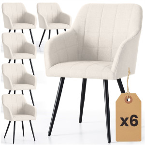 Lot De 6 Chaises Rembourrées À Surpiqûres Carrées Luxano Crème Pieds Noirs Tissu Lumos