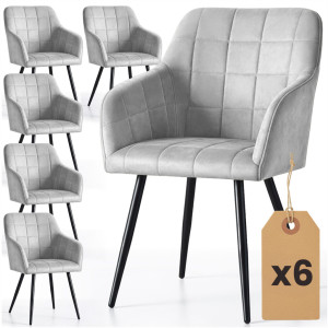Lot De 6 Chaises Rembourrées À Surpiqûres Carrées Luxano Gris Pieds Noirs