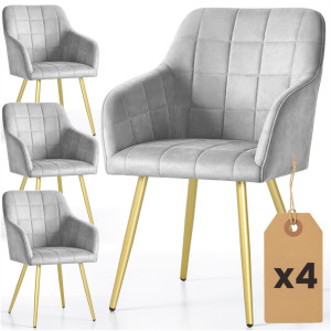 Lot De 4 Chaises Rembourrées À Surpiqûres Carrées Luxano Gris Pieds Dorés