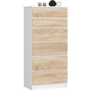Commode Akord K60 Blanche 60 Cm 6 Tiroirs Façade Chêne Sonoma 60X40X130 Cm