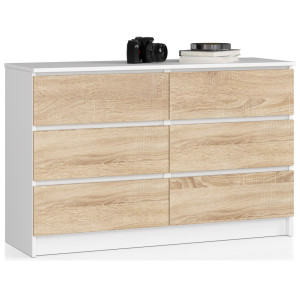 Commode Akord K120 Blanche 120 Cm 6 Tiroirs Façade Chêne Sonoma 120X40X77 Cm