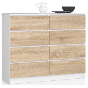 Commode Akord K120 Blanche 120 Cm 8 Tiroirs Façade Chêne Sonoma 120X40X99 Cm