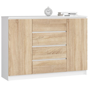 Commode Akord K140 Blanche 138 Cm 2 Portes 4 Tiroirs Façade Chêne Sonoma 4 Étagères 138X40X99 Cm