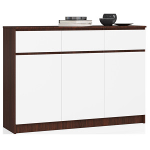 Commode Akord K140 Wengé 138 Cm 3 Portes 3 Tiroirs Façade Blanche 6 Étagères 138X40X99 Cm
