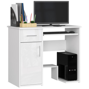 Bureau D'ordinateur Akord Jay Blanc 90 Cm 1 Porte 1 Tiroir Façade Blanche Brillante 3 Étagères 90X50X74 Cm