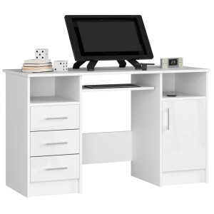 Bureau D'ordinateur Akord Ana Blanc 124 Cm 1 Porte 3 Tiroirs Façade Blanche Brillante 5 Étagères 124X52X74 Cm