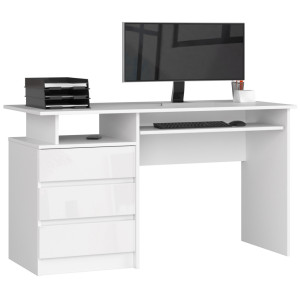 Bureau D'ordinateur Akord Clp Blanc 135 Cm 3 Tiroirs Façade Blanche Brillante 2 Étagères 135X60X77 Cm