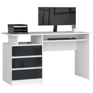 Bureau D'ordinateur Akord Clp Blanc 135 Cm 3 Tiroirs Façade Graphite Brillant 2 Étagères 135X60X77 Cm