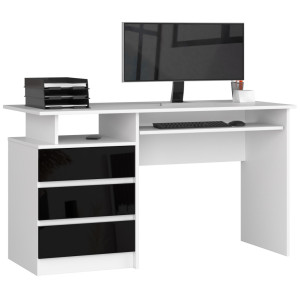 Bureau D'ordinateur Akord Clp Blanc 135 Cm 3 Tiroirs Façade Noir Brillant 2 Étagères 135X60X77 Cm