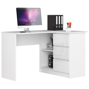 Bureau Akord D'angle Droit B16 Blanc 124 Cm 3 Tiroirs Façade Blanche Brillante 2 Étagères 124X85X77 Cm