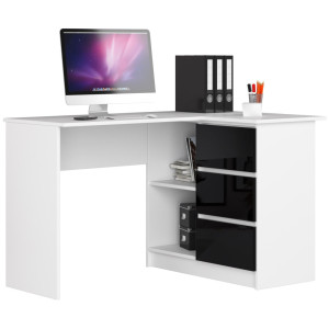Bureau Akord D'angle Droit B16 Blanc 124 Cm 3 Tiroirs Façade Noir Brillant 2 Étagères 124X85X77 Cm