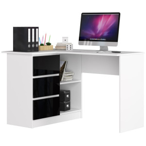 Bureau Akord D'angle Gauche B16 Blanc 124 Cm 3 Tiroirs Façade Noir Brillant 2 Étagères 124X85X77 Cm