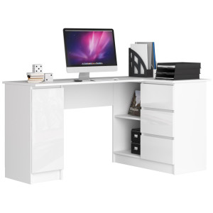 Grand Bureau D'angle Akord Droit B20 Blanc 155 Cm 1 Porte 3 Tiroirs Façade Blanche Brillante 4 Étagères 155X85X77 Cm
