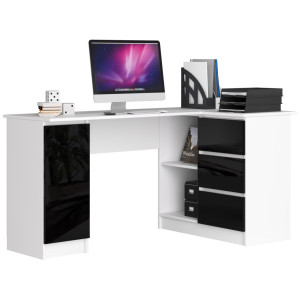 Grand Bureau D'angle Akord Droit B20 Blanc 155 Cm 1 Porte 3 Tiroirs Façade Noir Brillant 4 Étagères 155X85X77 Cm