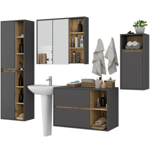 Ensemble De Meubles De Salle De Bains Vami Suspendu Gris Graphite Intérieur Chêne Artisan