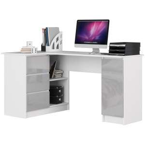 Bureau Akord D'angle Gauche B20 Blanc 155 Cm 1 Porte 3 Tiroirs Façade Métallique Brillant 4 Étagères 155X85X77 Cm