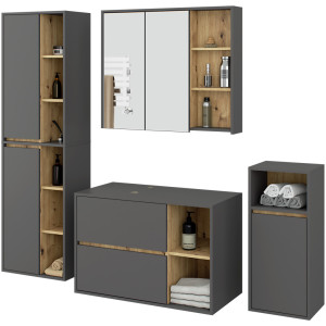 Ensemble De Meubles De Salle De Bains Suspendus Vami Avec Découpes Pour Vasque À Poser Gris Graphite Intérieur Chêne Artisan