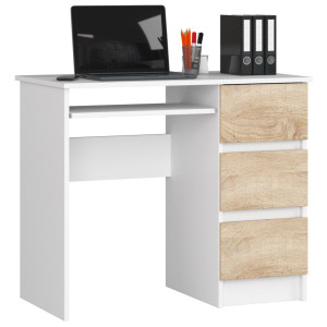Bureau D'ordinateur Akord Droit A6 Blanc 90 Cm 3 Tiroirs Façade Chêne Sonoma 1 Étagère 90X50X77 Cm