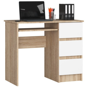 Bureau D'ordinateur Akord Droit A6 Chêne Sonoma 90 Cm 3 Tiroirs Façade Blanche 1 Étagère 90X50X77 Cm