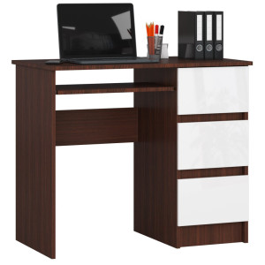 Bureau D'ordinateur Akord Droit A6 Wengé 90 Cm 3 Tiroirs Façade Blanche 1 Étagère 90X50X77 Cm