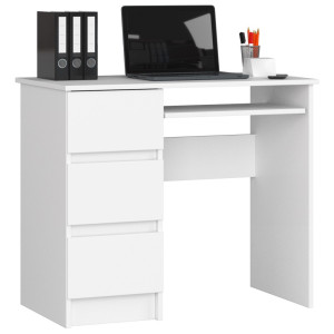 Bureau D'ordinateur Akord Gauche A6 Blanc 90 Cm 3 Tiroirs Façade Blanche 1 Étagère 90X50X77 Cm