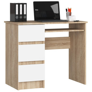 Bureau D'ordinateur Akord Gauche A6 Chêne Sonoma 90 Cm 3 Tiroirs Façade Blanche 1 Étagère 90X50X77 Cm