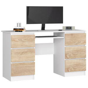 Bureau D'ordinateur Akord A11 Blanc 135 Cm 6 Tiroirs Façade Chêne Sonoma 135X50X77 Cm