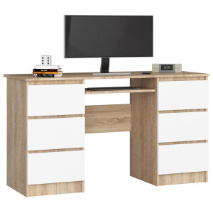 Bureau D'ordinateur Akord A11 Chêne Sonoma 135 Cm 6 Tiroirs Façade Blanche 135X50X77 Cm