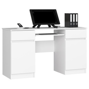 Bureau D'ordinateur Akord A5 Blanc 135 Cm 2 Portes 2 Tiroirs Façade Blanche 5 Étagères 135X50X77 Cm