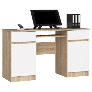 Bureau D'ordinateur Akord A5 Chêne Sonoma 135 Cm 2 Portes 2 Tiroirs Façade Blanche 5 Étagères 135X50X77 Cm
