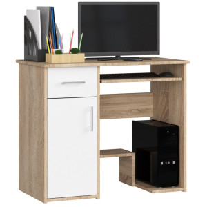 Bureau D'ordinateur Akord Jay Chêne Sonoma 90 Cm 1 Porte 1 Tiroir Façade Blanche 3 Étagères 90X50X74 Cm