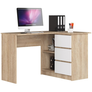 Bureau Akord D'angle Droit B16 Chêne Sonoma 124 Cm 3 Tiroirs Façade Blanche 2 Étagères 124X85X77 Cm