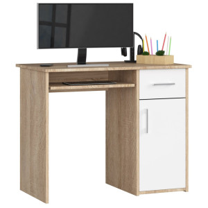 Bureau D'ordinateur Akord Pin Chêne Sonoma 90 Cm 1 Porte 1 Tiroir Façade Blanche 3 Étagères 90X50X74 Cm