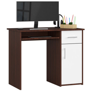 Bureau D'ordinateur Akord Pin Wengé 90 Cm 1 Porte 1 Tiroir Façade Blanche 3 Étagères 90X50X74 Cm