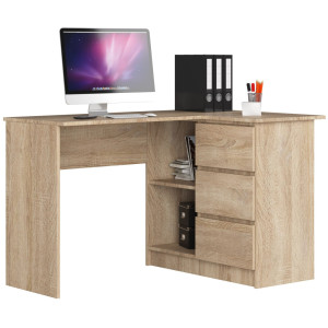 Bureau Akord D'angle Droit B16 Chêne Sonoma 124 Cm 3 Tiroirs Façade Chêne Sonoma 2 Étagères 124X85X77 Cm