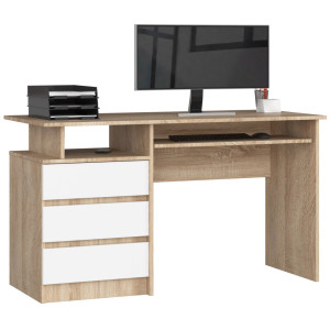 Bureau D'ordinateur Akord Clp Chêne Sonoma 135 Cm 3 Tiroirs Façade Blanche 2 Étagères 135X60X77 Cm