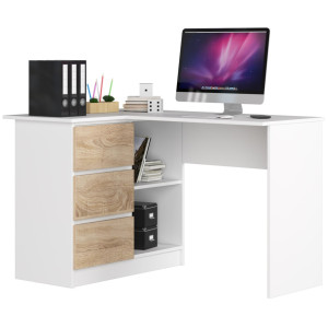 Bureau Akord D'angle Gauche B16 Blanc 124 Cm 3 Tiroirs Façade Chêne Sonoma 2 Étagères 124X85X77 Cm